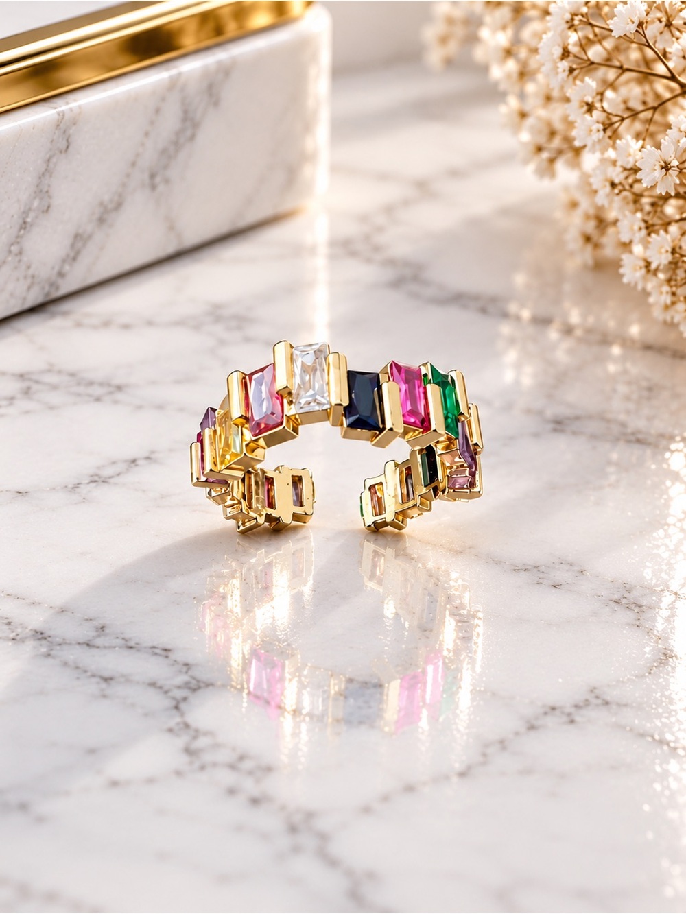 Gold Filled Adjustable Multi-Stone Open Band Ring - Women Jewelry